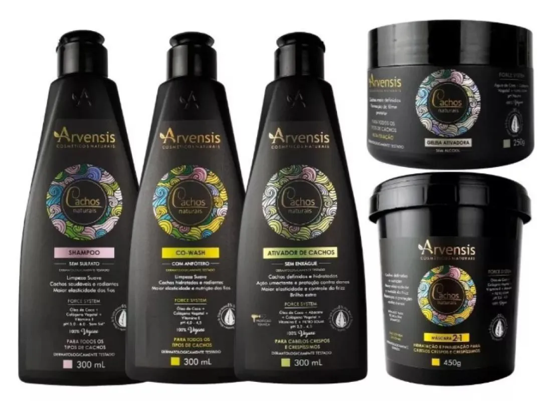 KIT ARVENSIS CACHOS SHAMPOO + COWASH + ATIVADOR CACHOS NATURAIS CRESPOS E CRESPISSIMOS + GELEIA ALTA + MASCARA