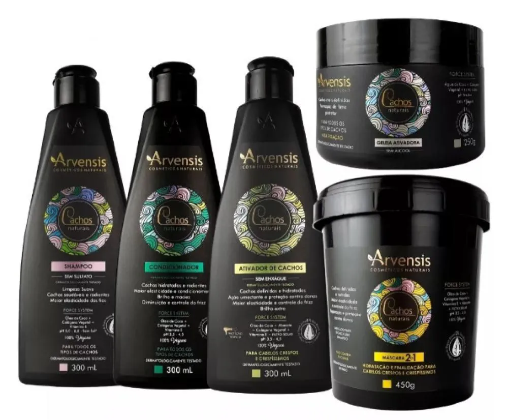 KIT CACHOS ARVENSIS SHAMPOO CONDICIONADOR + ATIVADOR + MáSCARA 2X1 + GELEIA ALTA FIXAçãO