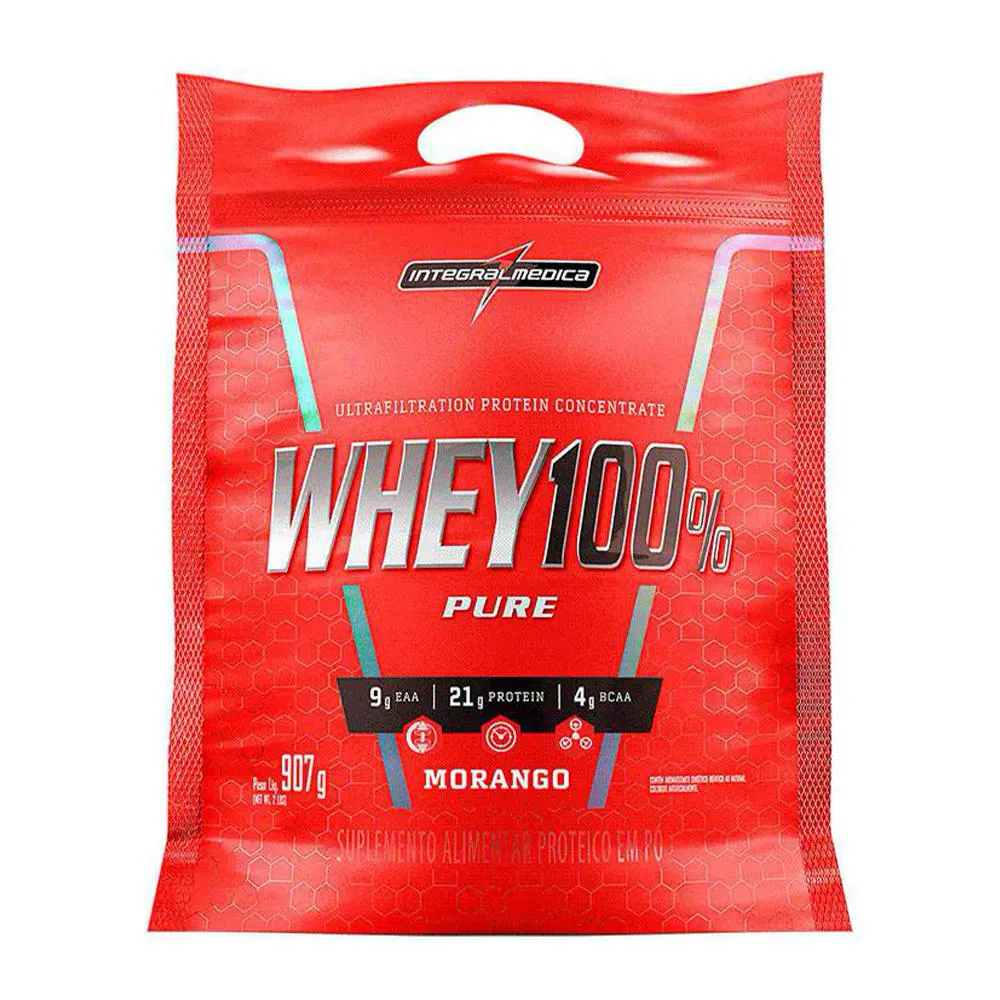 WHEY PROTEIN PURE WHEY 100% POUCH 907G MORANGO INTEGRALMEDICA
