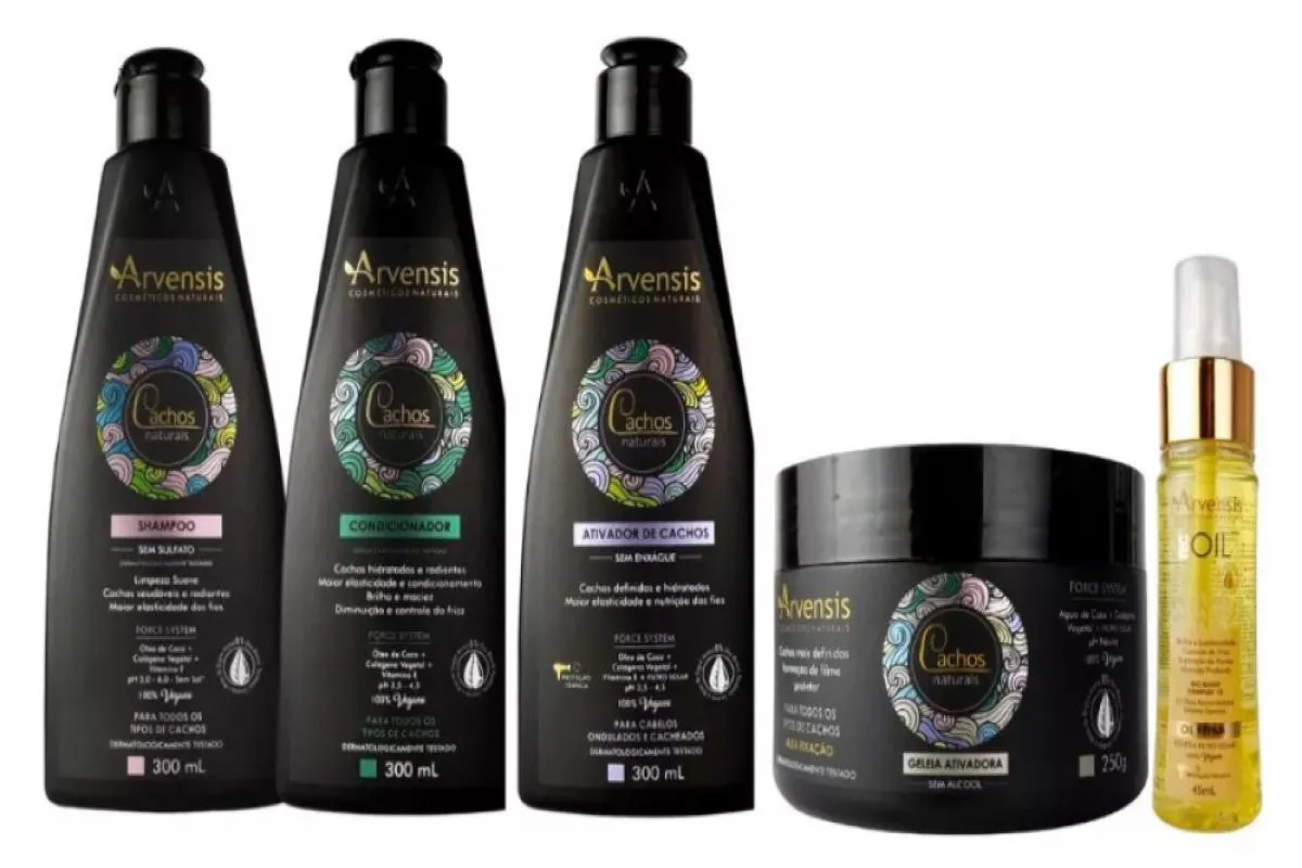 KIT ARVENSIS CACHOS SHAMPOO CONDICIONADOR ATIVADOR CACHOS ONDULADOS E CACHEADOS GELEIA ALTA + TEC OIL