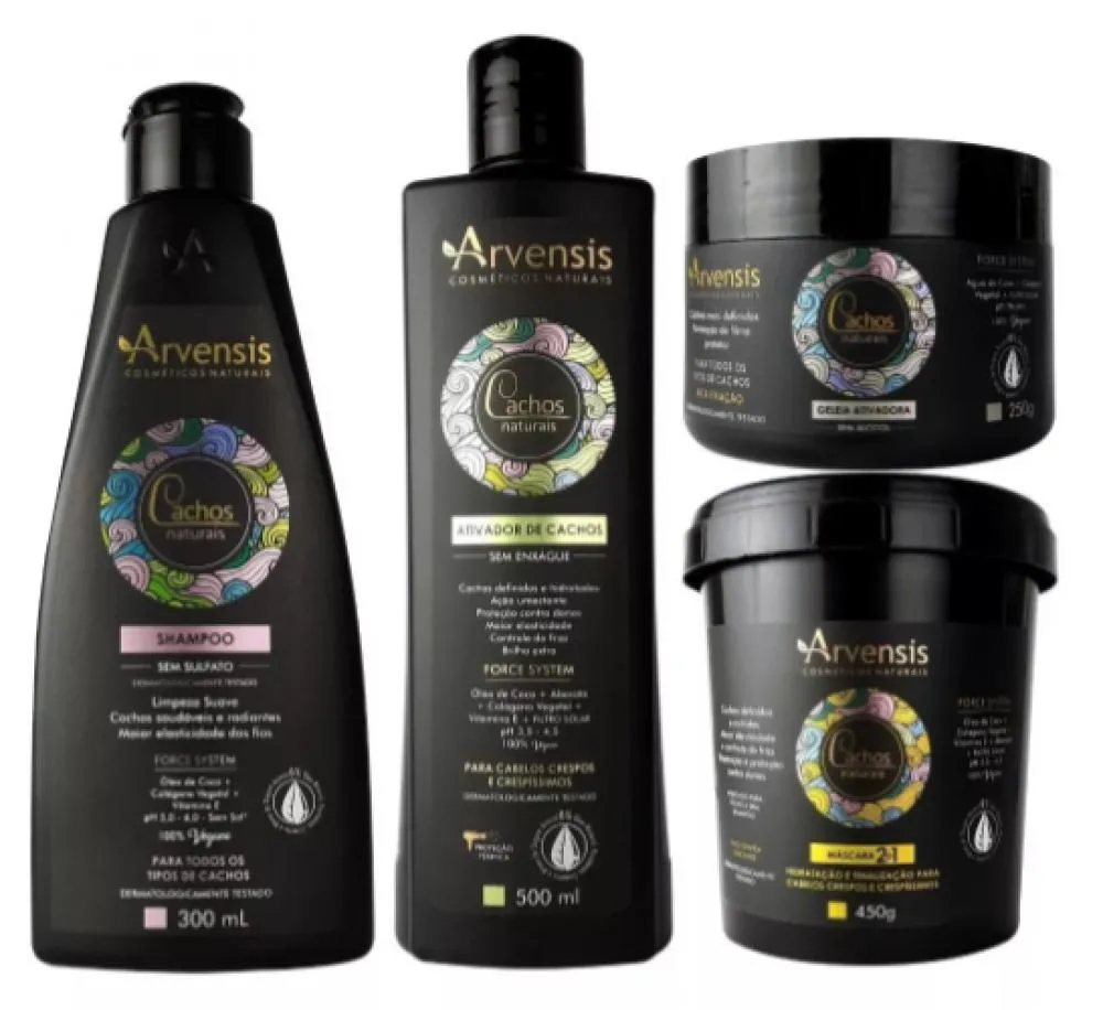 KIT ARVENSIS CACHOS SHAMPOO ATIVADOR CACHOS CRESPOS E CRESPíSSIMOS GELEIA ALTA FIXAçãO MASCARA 2X1