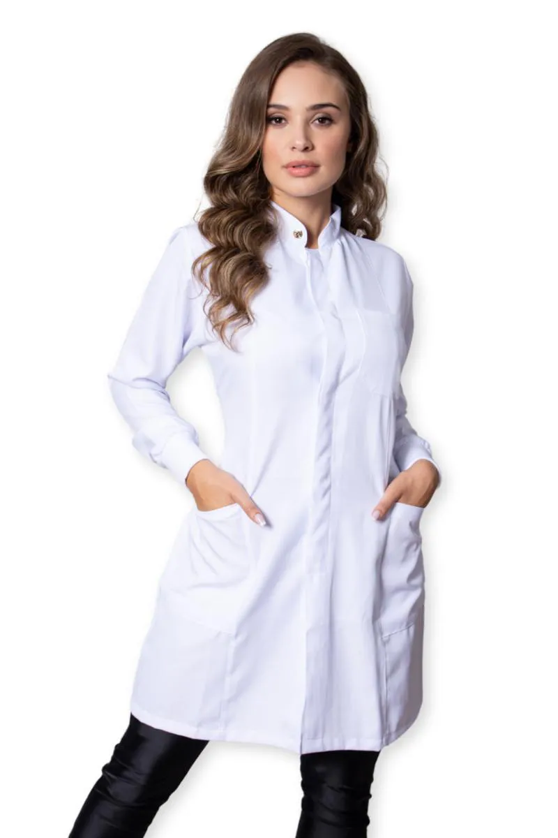 JALECO FEMININO ANNA ROSA 1327 - GABARDINE BRANCO ACINTURADO GOLA PADRE E PUNHO EGG