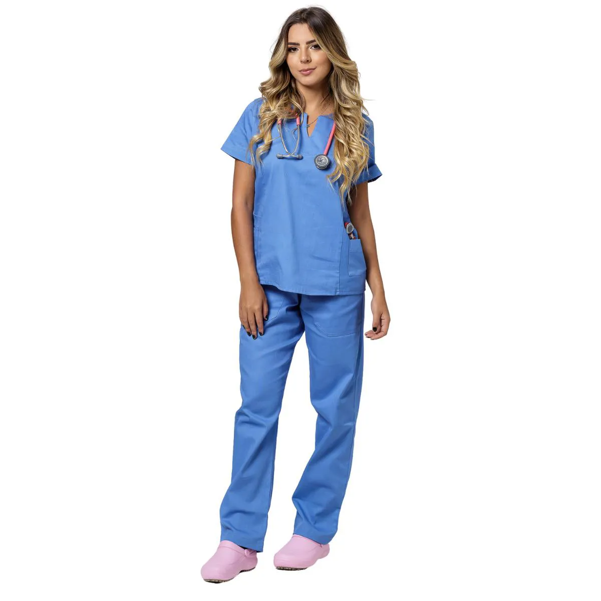 SCRUB FEMININO ANNA ROSA 2802 – BRIM LEVE AZUL - PIJAMA CIRúRGICO (BLUSA MANGA CURTA E CALçA) G