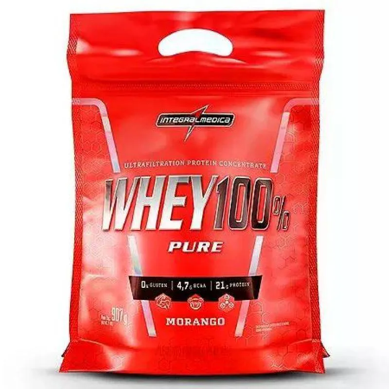 WHEY 100% PURE INTEGRALMEDICA MORANGO REFIL 907G