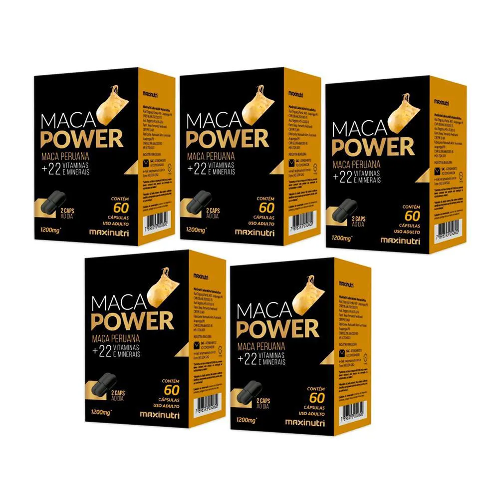 KIT 5 MACA POWER 1200MG + 22 VIT. E MINERAIS - 60 CáPS. MAXINUTRI