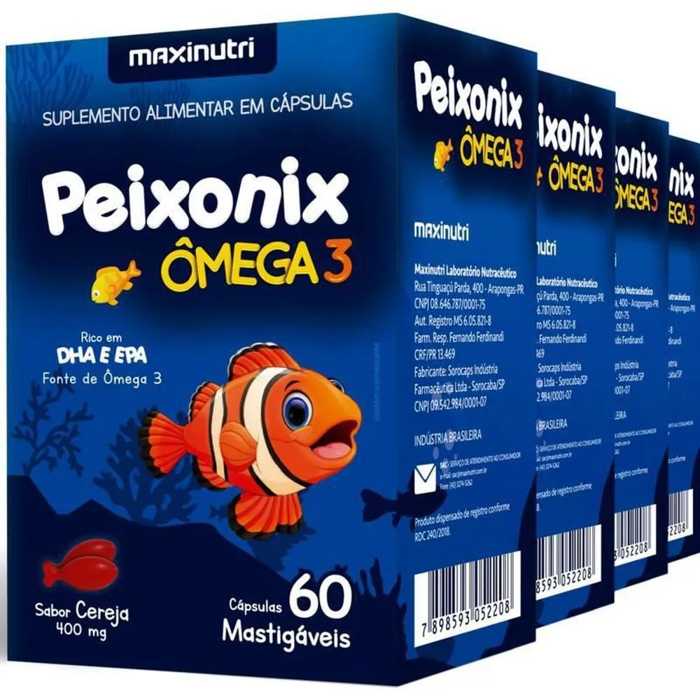 KIT 4X ÔMEGA 3 INFANTIL MASTIGáVEL SABOR CEREJA PEIXONIX 60 CáPS MAXINUTRI