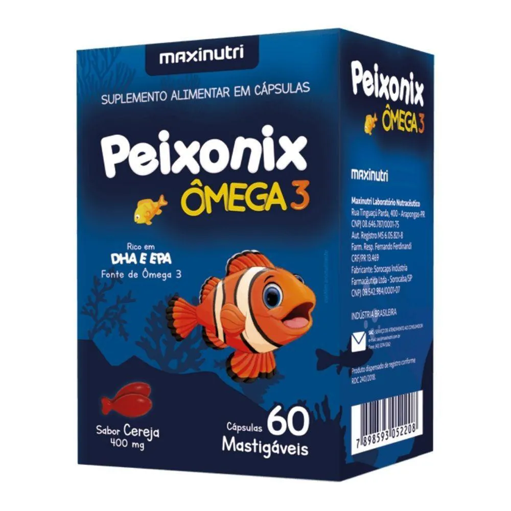 ÔMEGA 3 INFANTIL MASTIGáVEL SABOR CEREJA PEIXONIX 60 CáPS MAXINUTRI