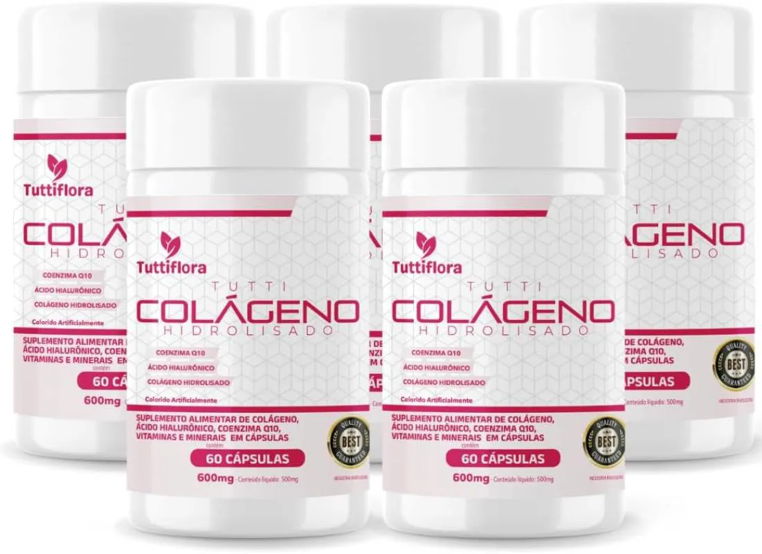 KIT COM 05 - COLáGENO HIDROLISADO + ÁCIDO HIALURôNICO + Q10 + BIOTINA + VIT 60 CAPS 600MG TUTTIFLORA