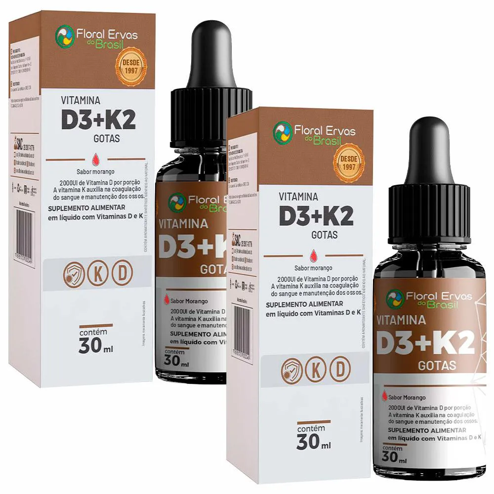 KIT 2X VITAMINA D3 + K2 EM GOTAS - (30 ML CADA) - MORANGO - FLORAL ERVAS DO BRASIL