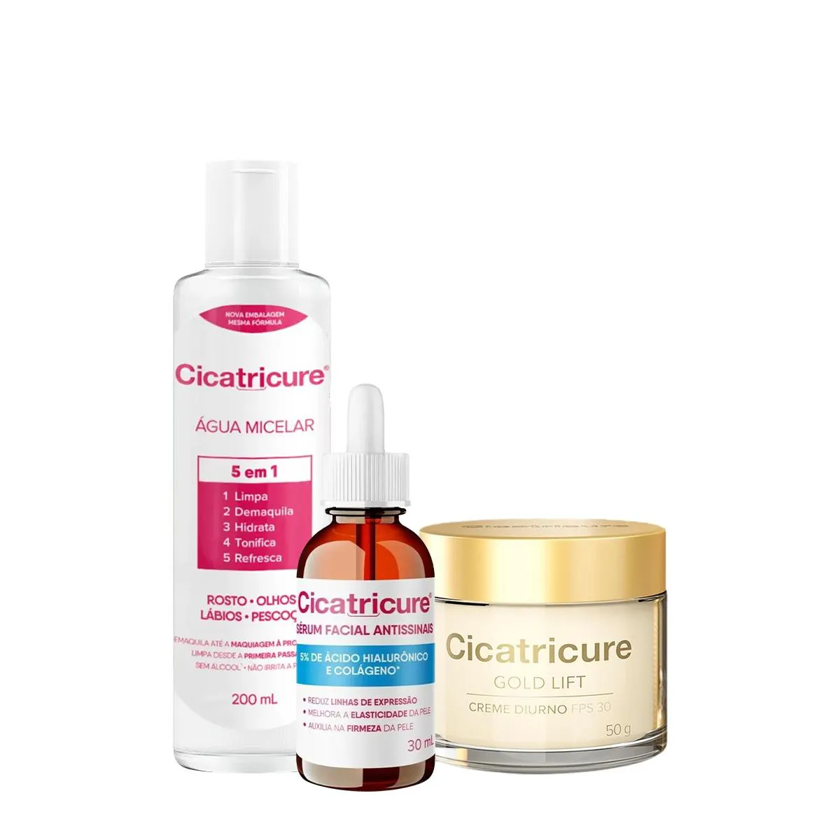 KIT CICATRICURE GEL CREME ANTISSINAIS DIURNO FPS 30 SéRUM FACIAL E ÁGUA MICELAR (3 PRODUTOS)