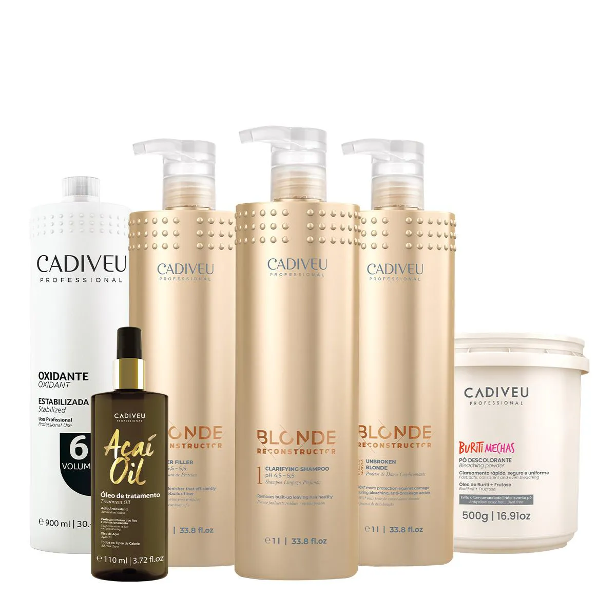 KIT CADIVEU PROFESSIONAL BLONDE RECONSTRUCTOR SHAMPOO CONDICIONADOR MáSCARA OX 6V BURITI MECHAS E AçAI OIL (6 PRODUTOS)