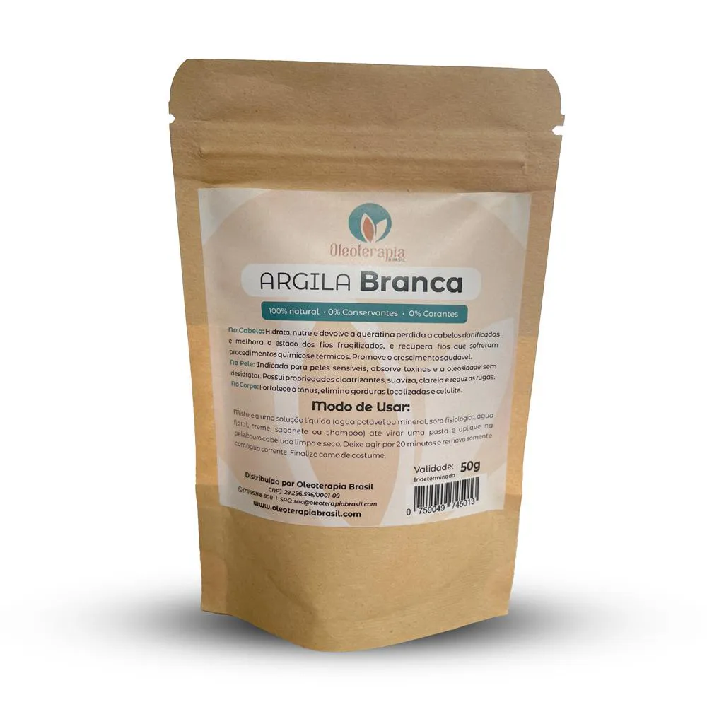 ARGILA BRANCA 50G - USO COSMéTICO E TERAPêUTICO 100% NATURAL - OLEOTERAPIA BRASIL