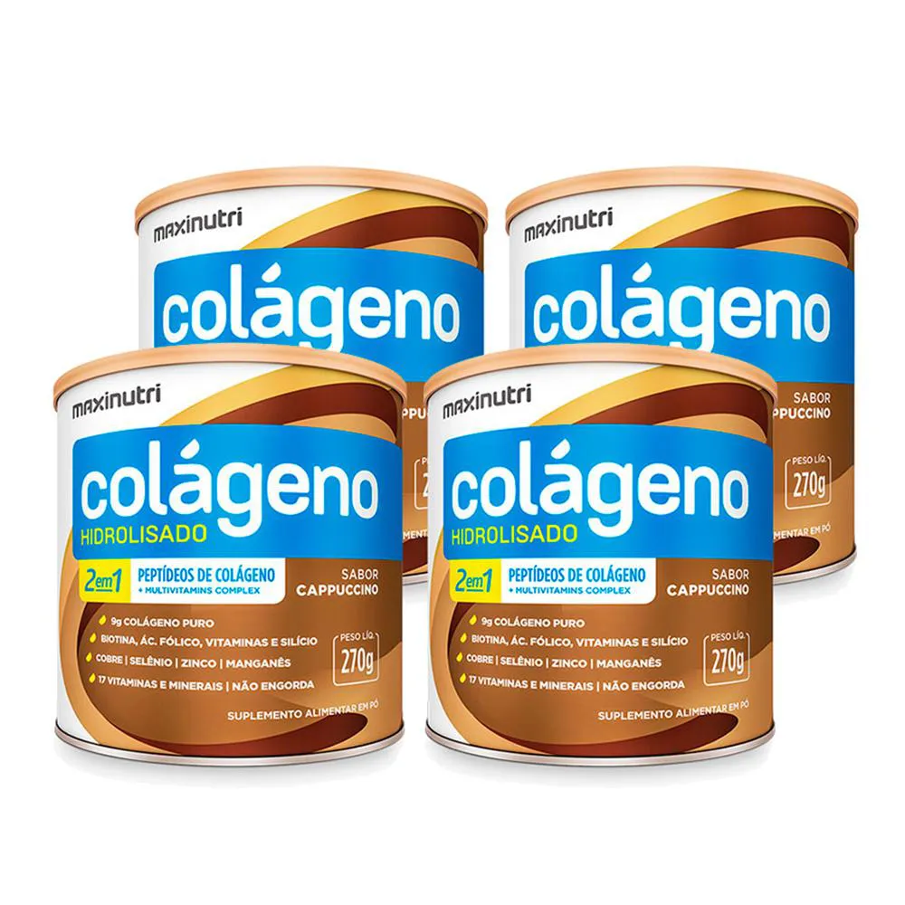 KIT 4 COLáGENO HIDROLISADO COM VITAMINAS CAPPUCCINO LATA 250G MAXINUTRI