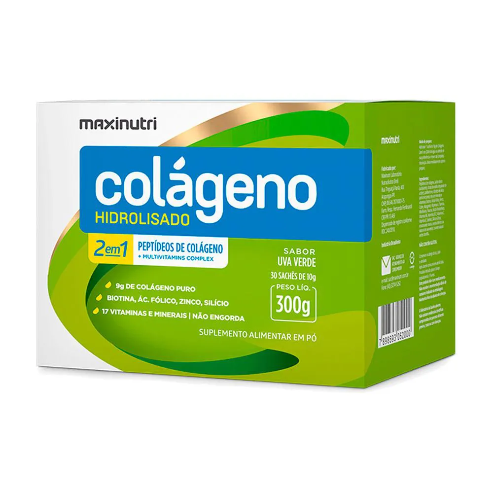 COLáGENO HIDROLISADO COM VITAMINAS MAXINUTRI 30 SACHES UVA VERDE