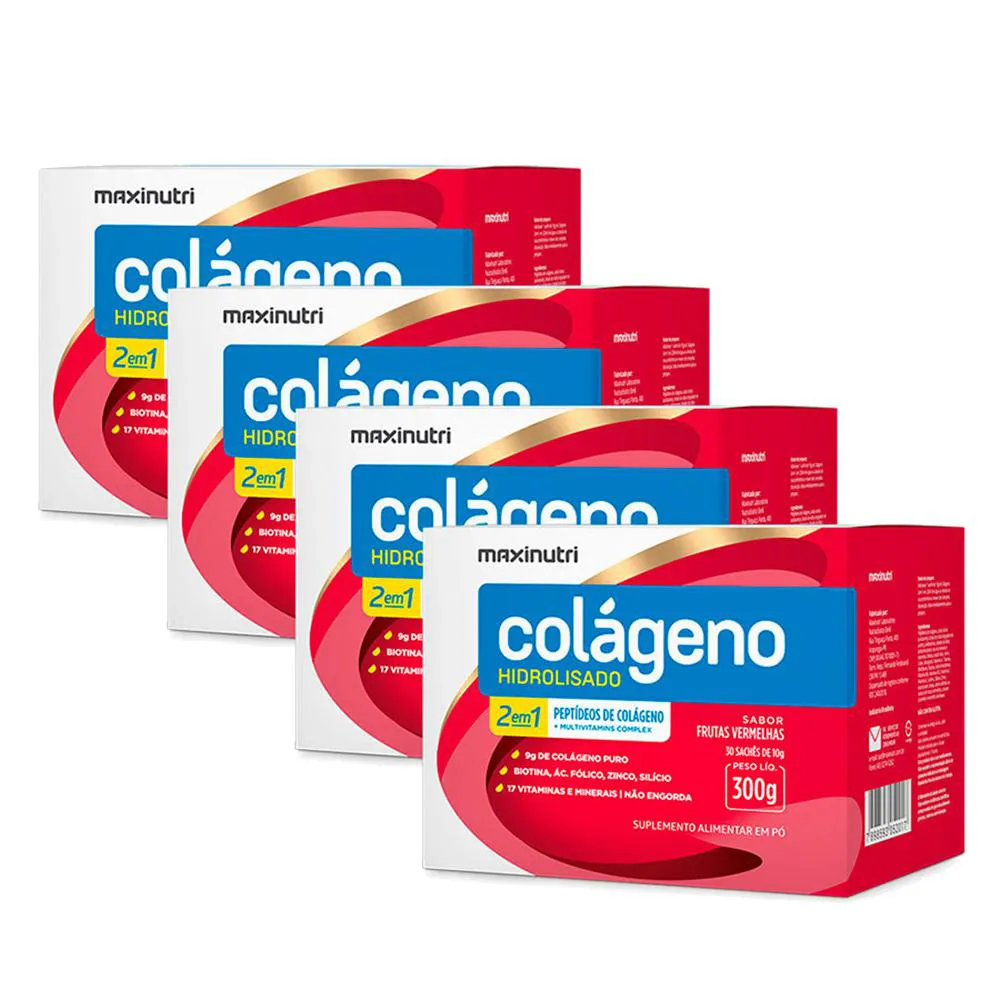 KIT 4 COLáGENO HIDROLISADO COM VITAMINAS MAXINUTRI 30 SACHES FRUTAS VERMELHAS