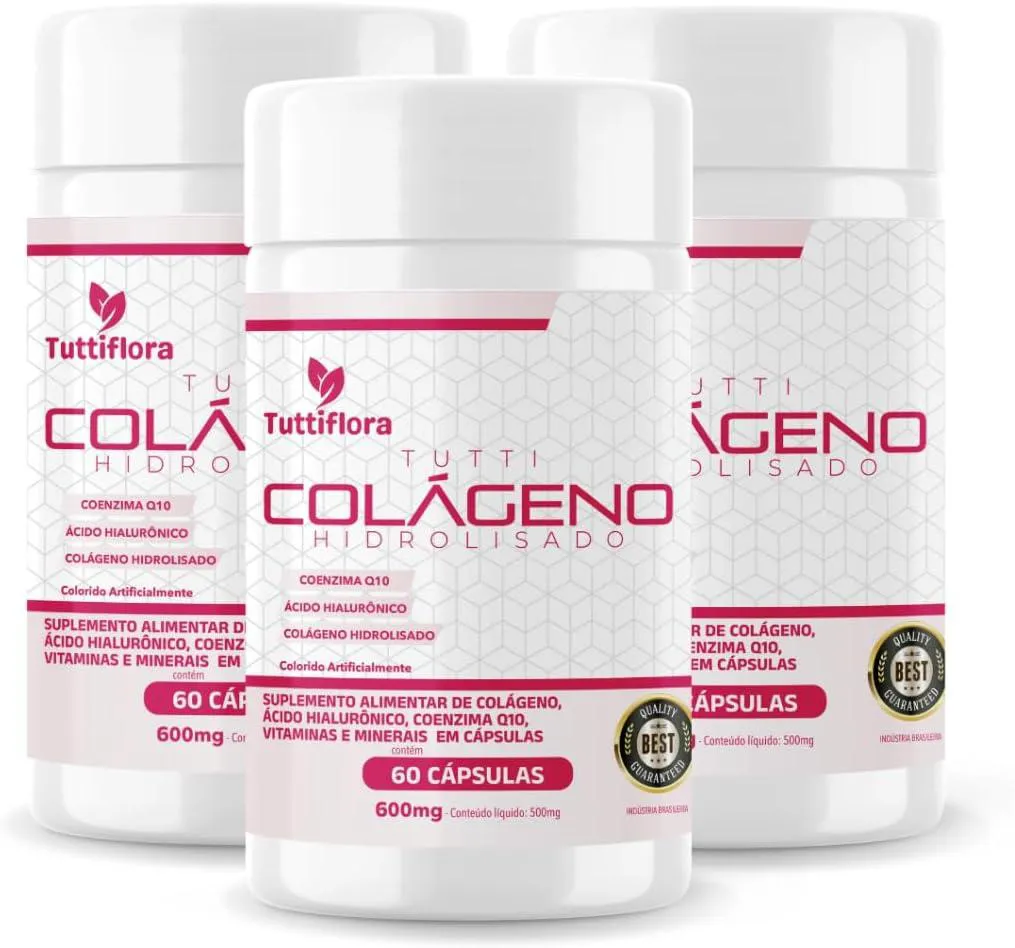 KIT COM 03 - COLáGENO HIDROLISADO + ÁCIDO HIALURôNICO + Q10 + BIOTINA + VIT 60 CAPS 600MG TUTTIFLORA