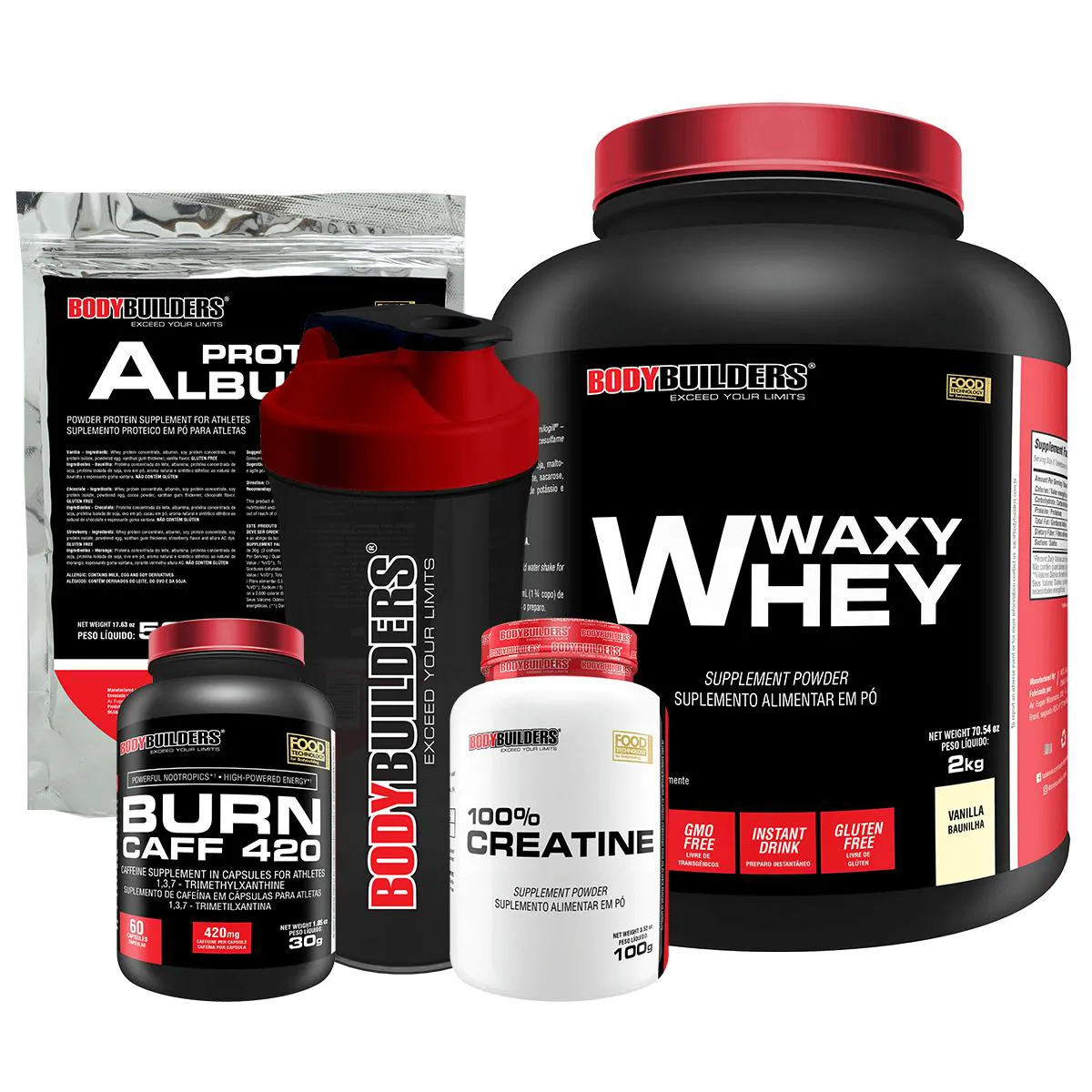KIT WAXY WHEY 2KG + CREATINA 100% 100G + BURN CAFF 60 CáPSULAS + ALBUMINA 500G + COQUETELEIRA - BODYBUILDERS  Baunilha