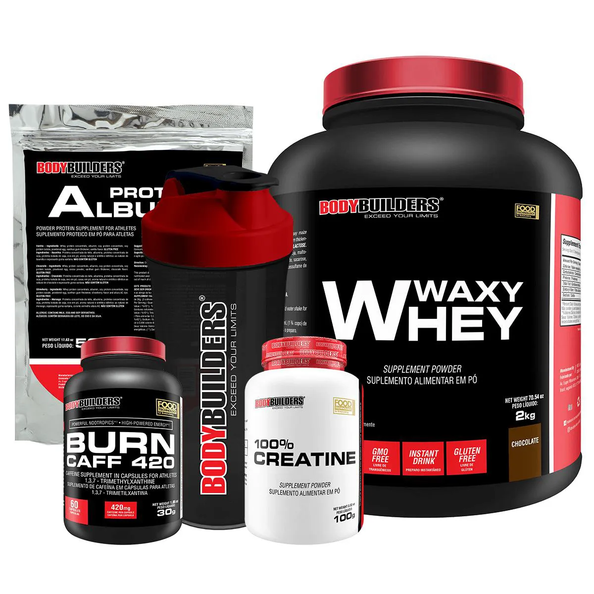 KIT WAXY WHEY 2KG + CREATINA 100% 100G + BURN CAFF 60 CáPSULAS + ALBUMINA 500G + COQUETELEIRA - BODYBUILDERS  Chocolate