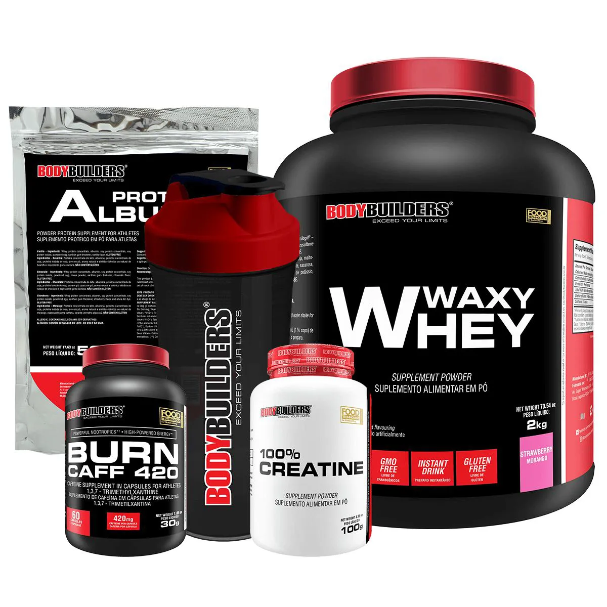 KIT WAXY WHEY 2KG + CREATINA 100% 100G + BURN CAFF 60 CáPSULAS + ALBUMINA 500G + COQUETELEIRA - BODYBUILDERS  Morango