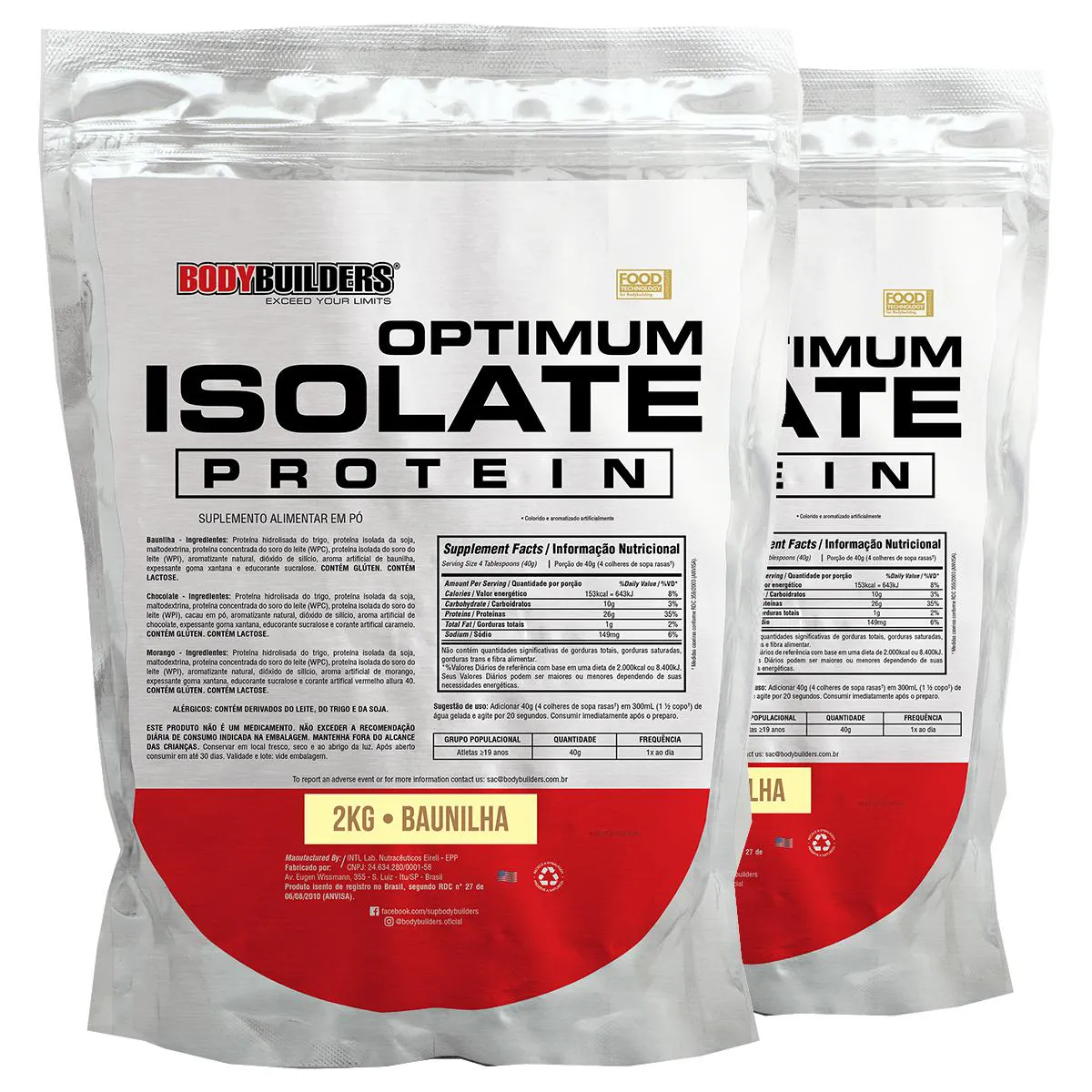 KIT 2X WHEY PROTEIN OPTIMUM ISOLATE REFIL 2KG - KIT PARA GANHO DE MASSA MUSCULAR E RESISTêNCIA- BODYBUILDERS  Baunilha