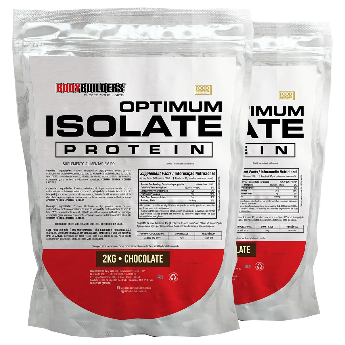 KIT 2X WHEY PROTEIN OPTIMUM ISOLATE REFIL 2KG - KIT PARA GANHO DE MASSA MUSCULAR E RESISTêNCIA- BODYBUILDERS  Chocolate