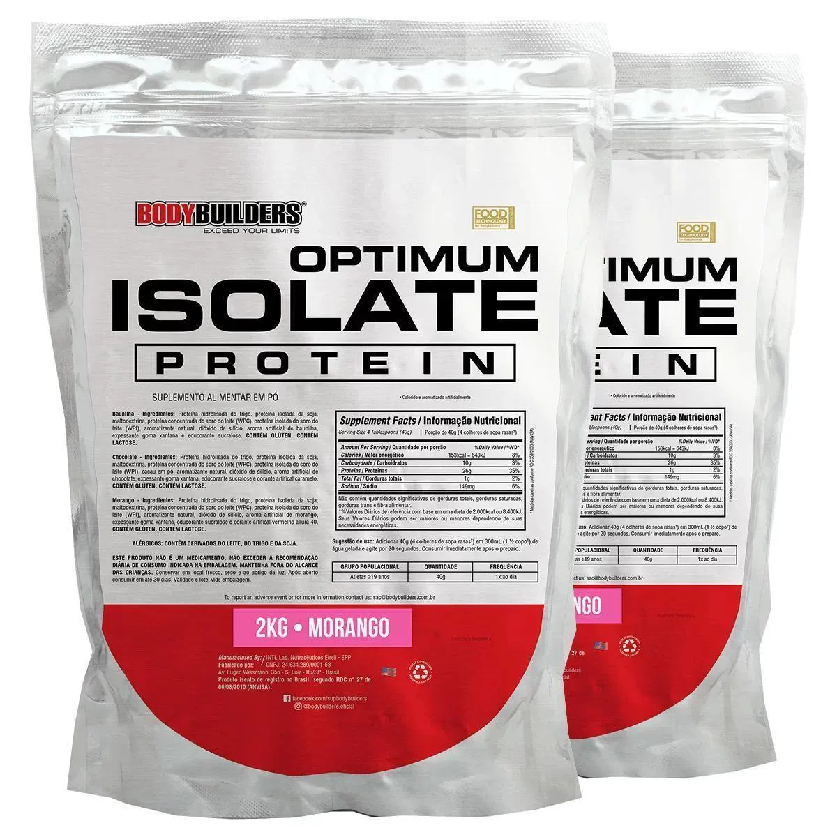 KIT 2X WHEY PROTEIN OPTIMUM ISOLATE REFIL 2KG - KIT PARA GANHO DE MASSA MUSCULAR E RESISTêNCIA- BODYBUILDERS  Morango