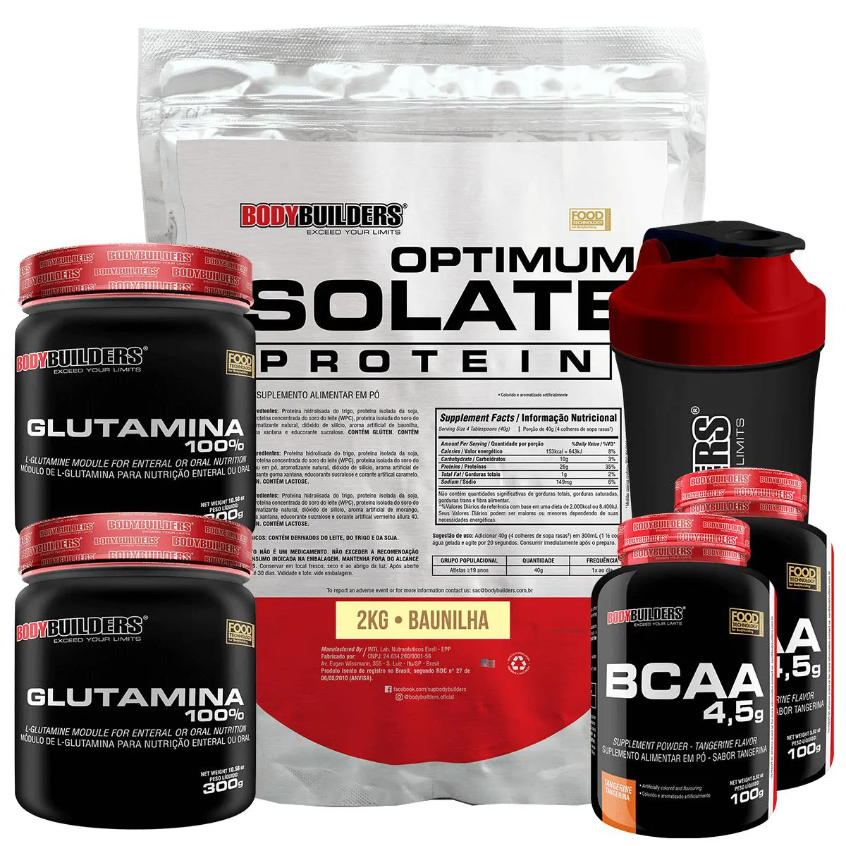 KIT OPTIMUM ISOLATE WHEY PROTEIN 2KG + 2X BCAA 100G + 2X GLUTAMINA 300G + COQUETELEIRA - BODYBUILDERS  Morango