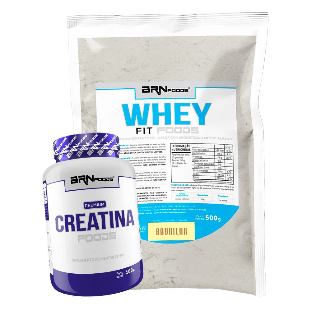 KIT WHEY PROTEIN FIT FOODS 500G + PREMIUM CREATINA 100G - BRN FOODS  Baunilha