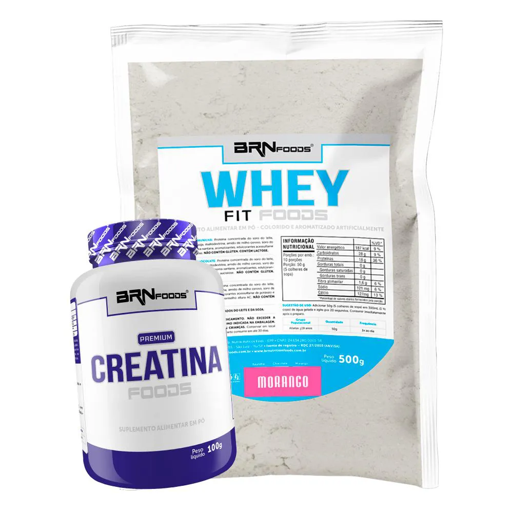 KIT WHEY PROTEIN FIT FOODS 500G + PREMIUM CREATINA 100G - BRN FOODS  Morango