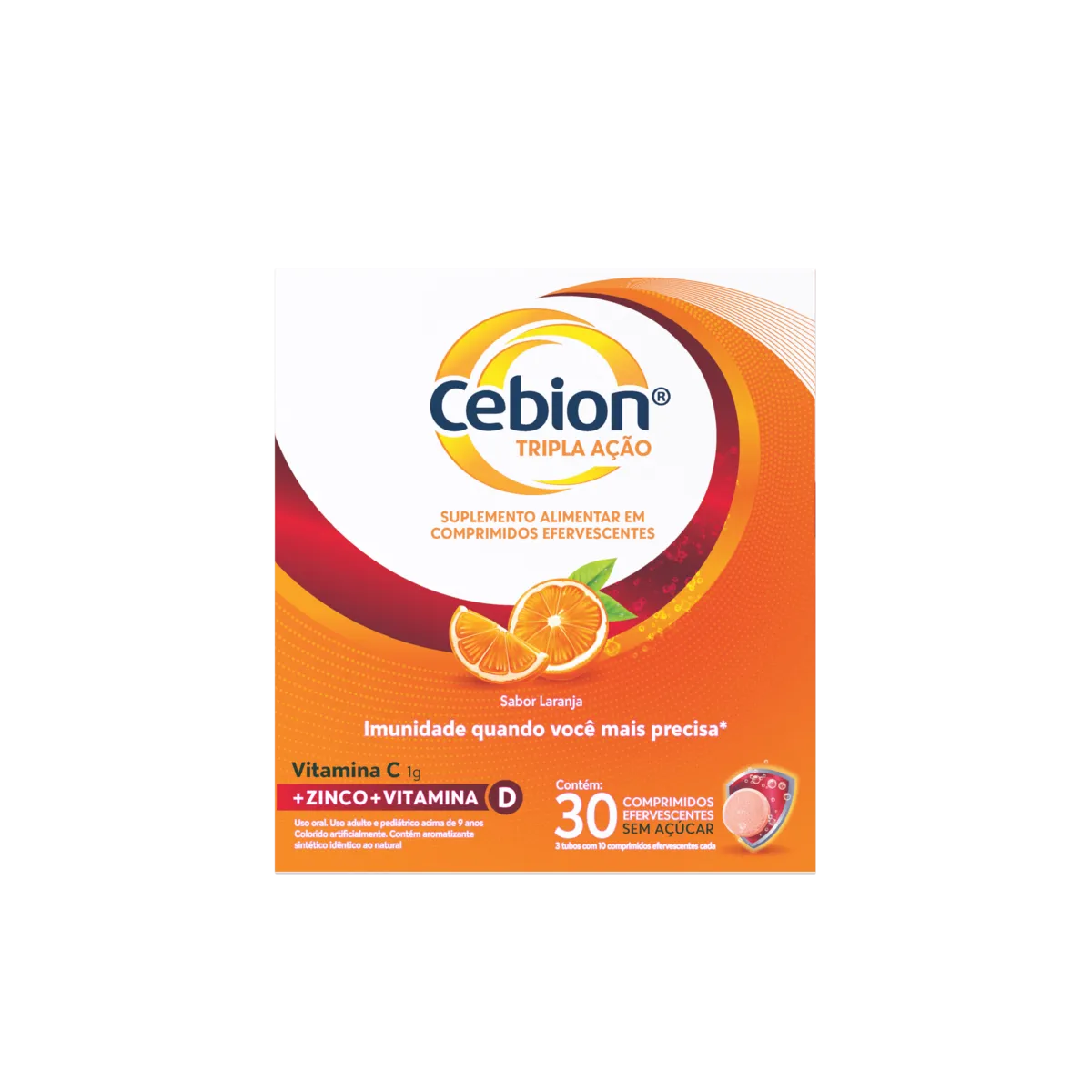 Vitamina C Efervescente Cebion Sabor Laranja Tripla Ação 30 comprimidos