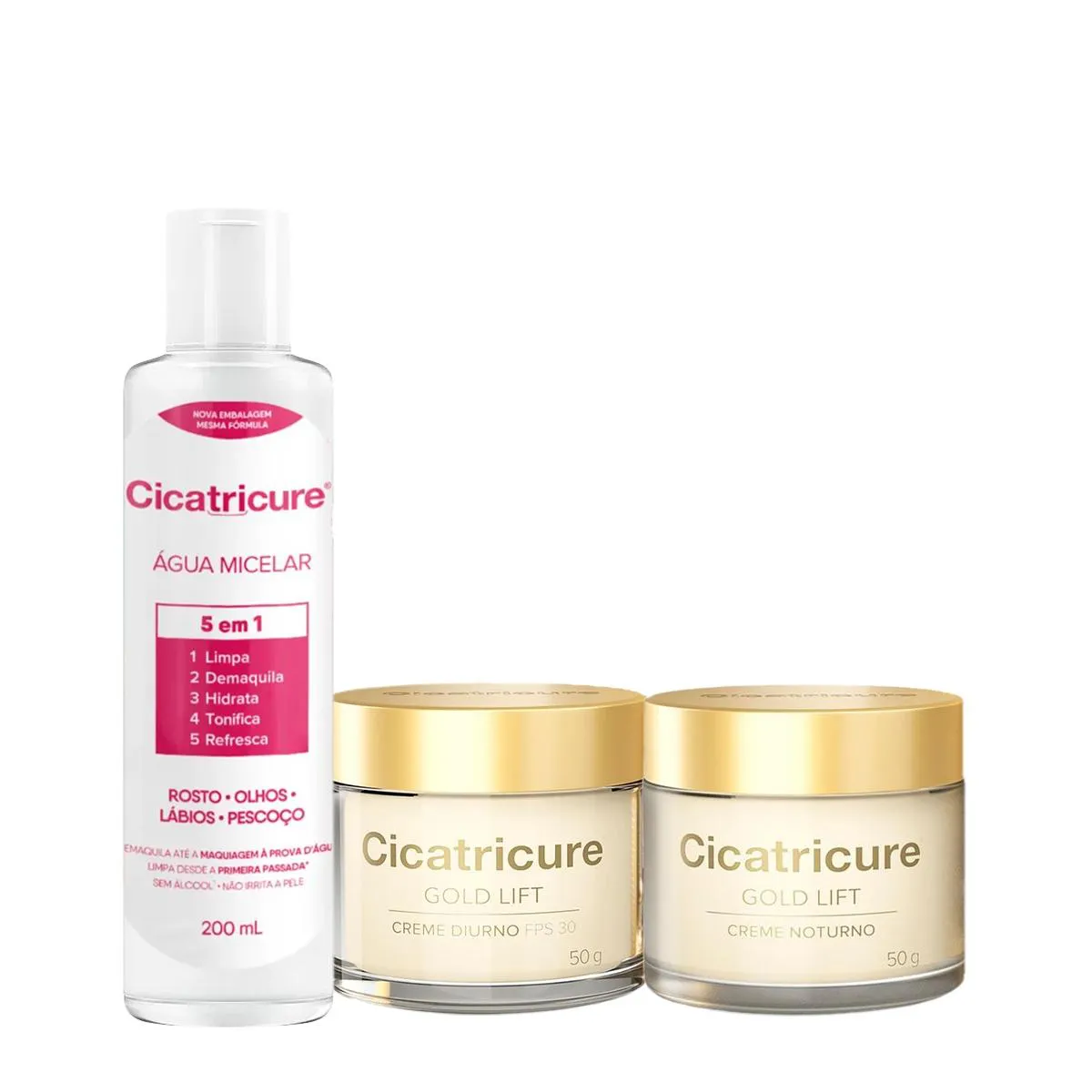 KIT CICATRICURE GOLD LIFT DIURNO NOTURNO E ÁGUA MICELAR (3 PRODUTOS)