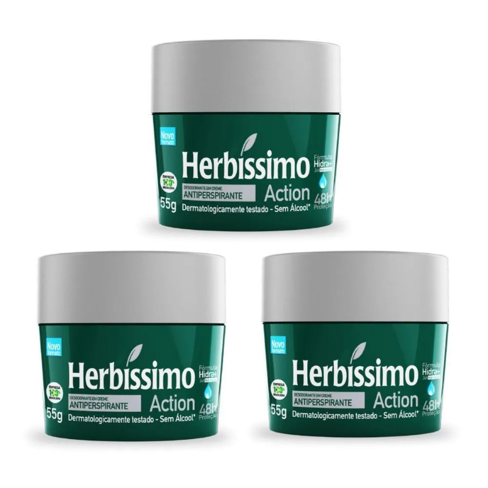 Kit Desodorante Antitranspirante Creme Herbíssimo Action 48h Sem Álcool 55g 3 unidades