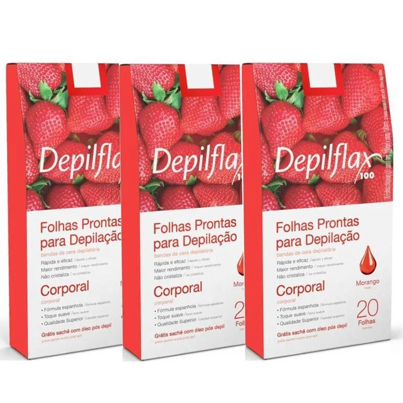 FOLHAS PRONTAS DEPILFLAX PARA DEPILAçãO CORPORAL KIT C/3 MORANGO