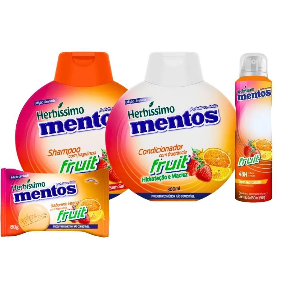 KIT SHAMPOO + CONDICIONADOR + DESODORANTE + SABONETE HERBISSIMO MENTOS FRUIT 300ML