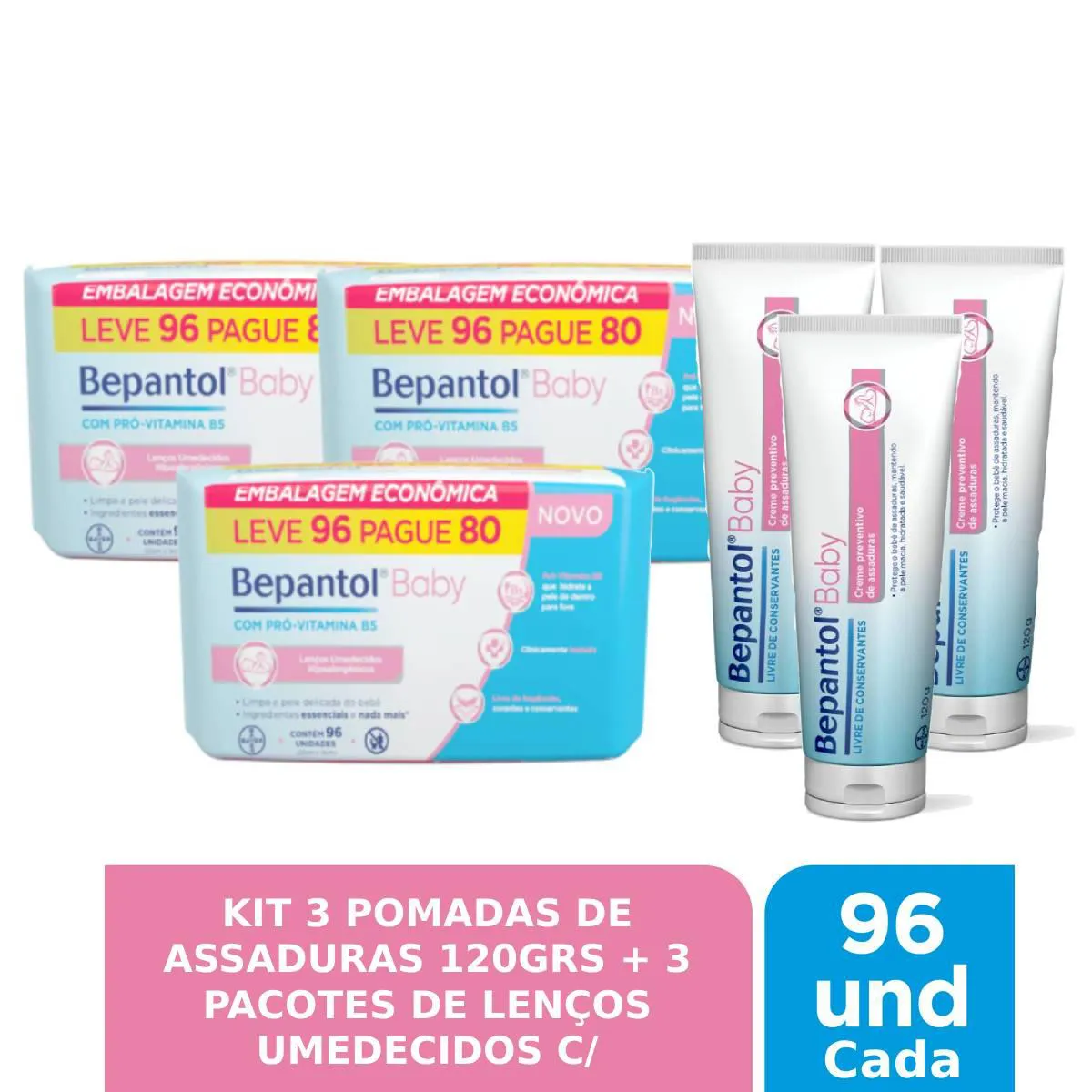 Kit Creme para Assaduras Bepantol 120g 3 unidades + Lenço Umedecido 96 unidades 3 Pacotes