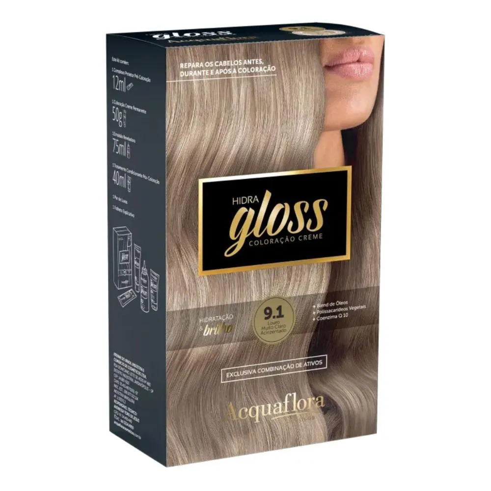 COLORAçãO CREME ACQUAFLORA KIT HIDRA GLOSS 9.1 LOURO MUITO CLARO ACINZENTADO