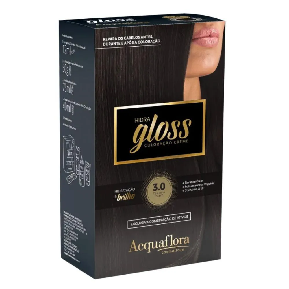 COLORAçãO CREME ACQUAFLORA KIT HIDRA GLOSS 3.0 CASTANHO ESCURO