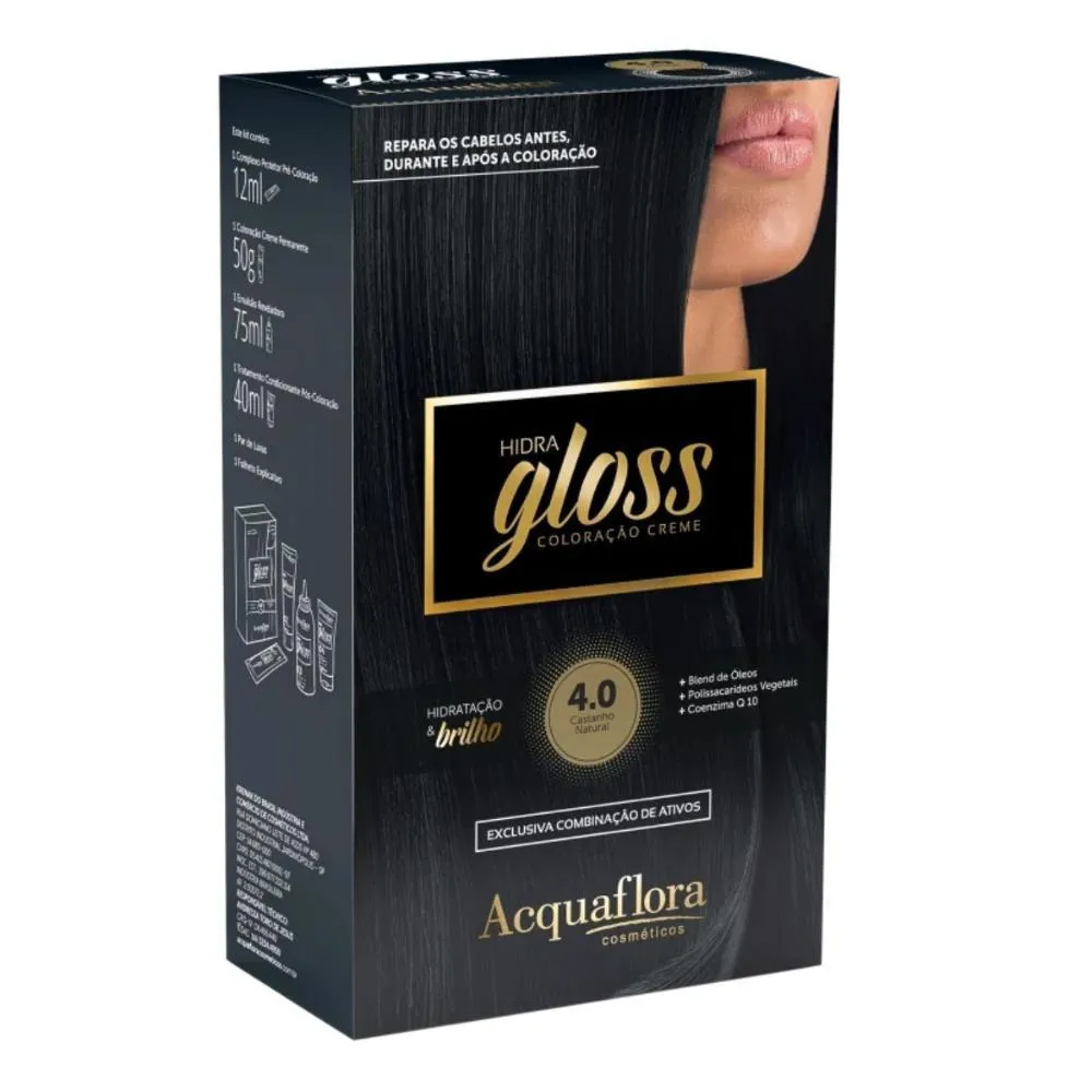 COLORAçãO CREME ACQUAFLORA KIT HIDRA GLOSS 4.0 CASTANHO NATURAL