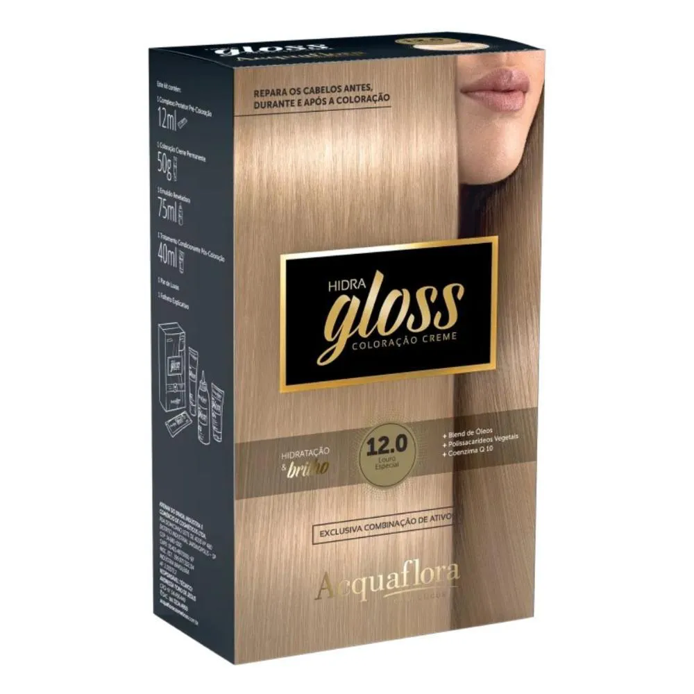 COLORAçãO CREME ACQUAFLORA KIT HIDRA GLOSS 12.0 LOURO ESPECIAL