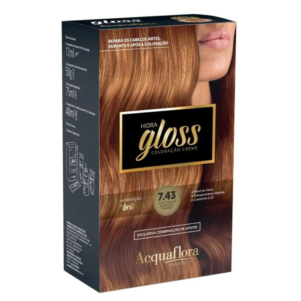 COLORAçãO CREME ACQUAFLORA KIT HIDRA GLOSS 7.43 LOURO NATURAL ACOBREADO DOURADO