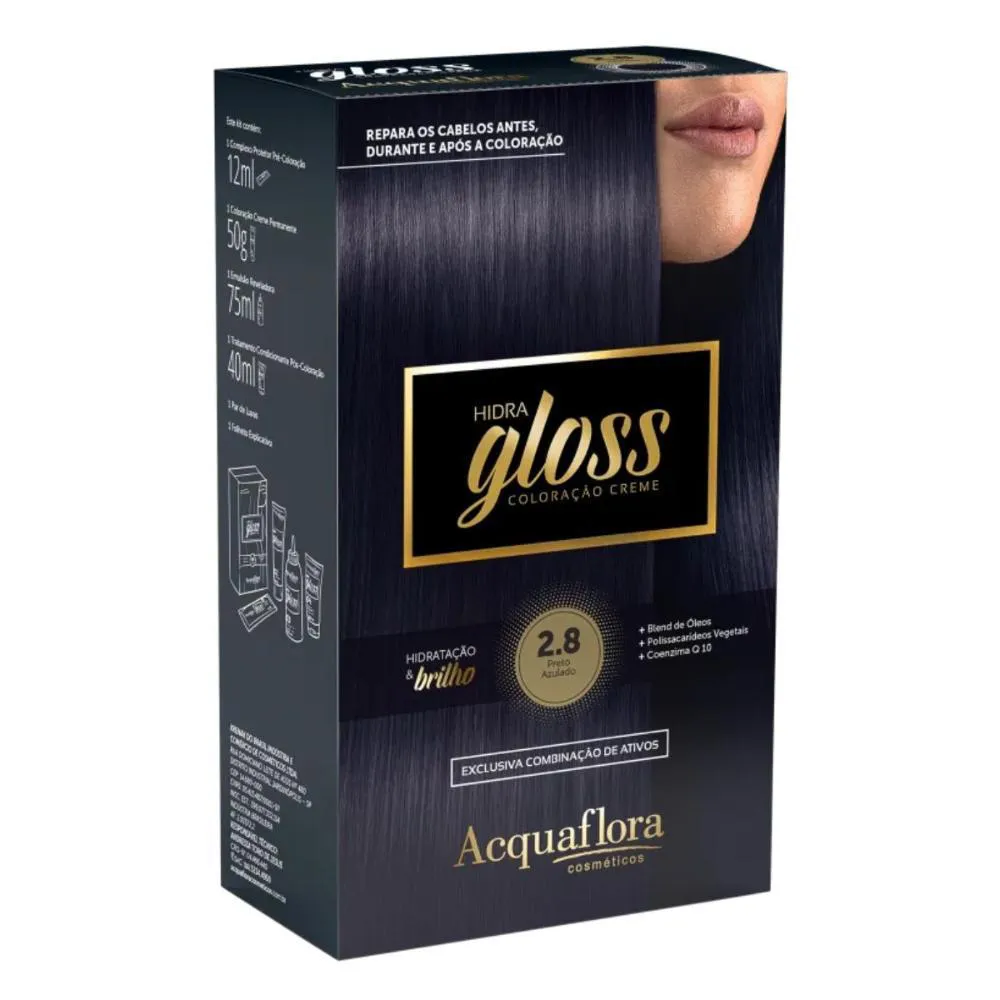 COLORAçãO CREME ACQUAFLORA KIT HIDRA GLOSS 2.8 PRETO AZULADO
