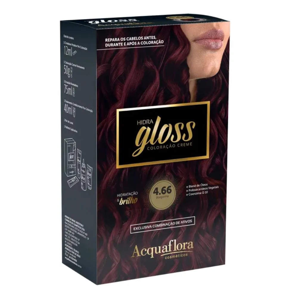 COLORAçãO CREME ACQUAFLORA KIT HIDRA GLOSS 4.66 BORGONHA