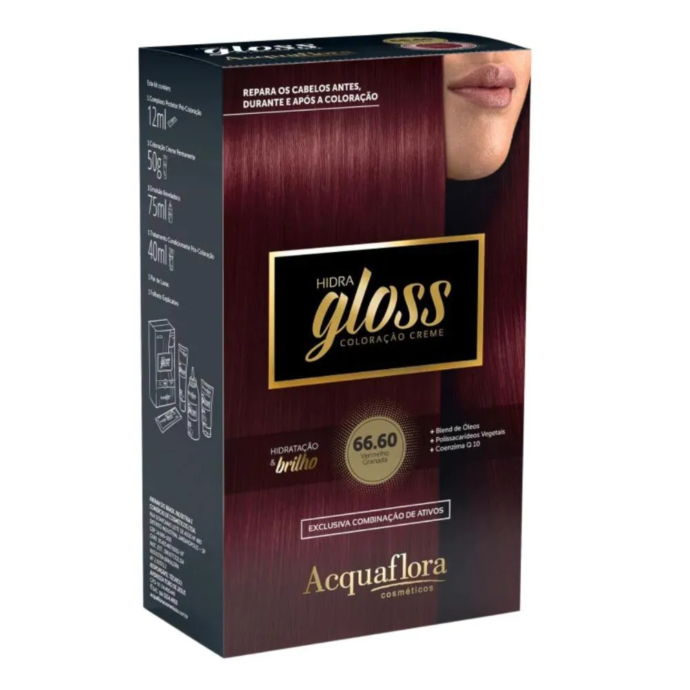 COLORAçãO CREME ACQUAFLORA KIT HIDRA GLOSS 66.60 VERMELHO GRANADA