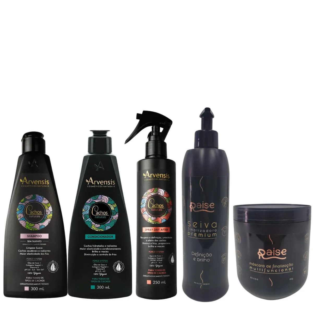 KIT SHAMPOO, CONDICIONADOR, SPRAY DAY AFTER ARVENSIS + SEIVA E MáSCARA MUTILFUNCINAL RAISE - ARVENSIS E RAISE