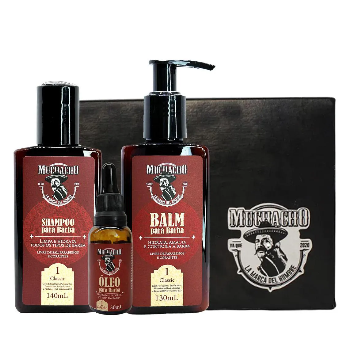 KIT SHAMPOO PARA BARBA + BALM PARA BARBA + OLEO PARA BARBA - MUCHACHO CLASSIC FRASCO