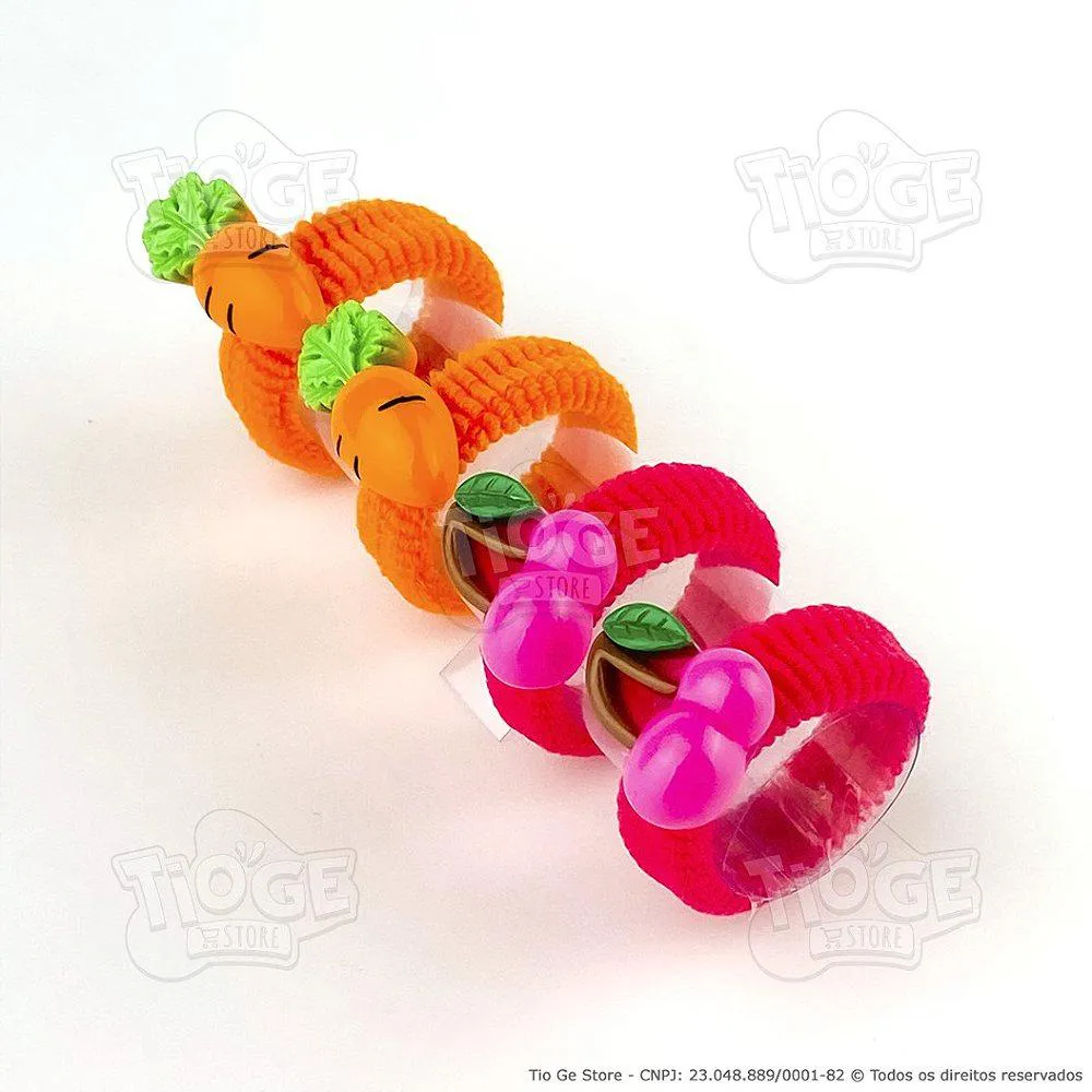 ELáSTICOS PARA CABELO PEQUENO (XUXINHA/RABICó) TIPO MEIA COM FRUTAS CENOURA CEREJA 4 UNID (2 PARES)