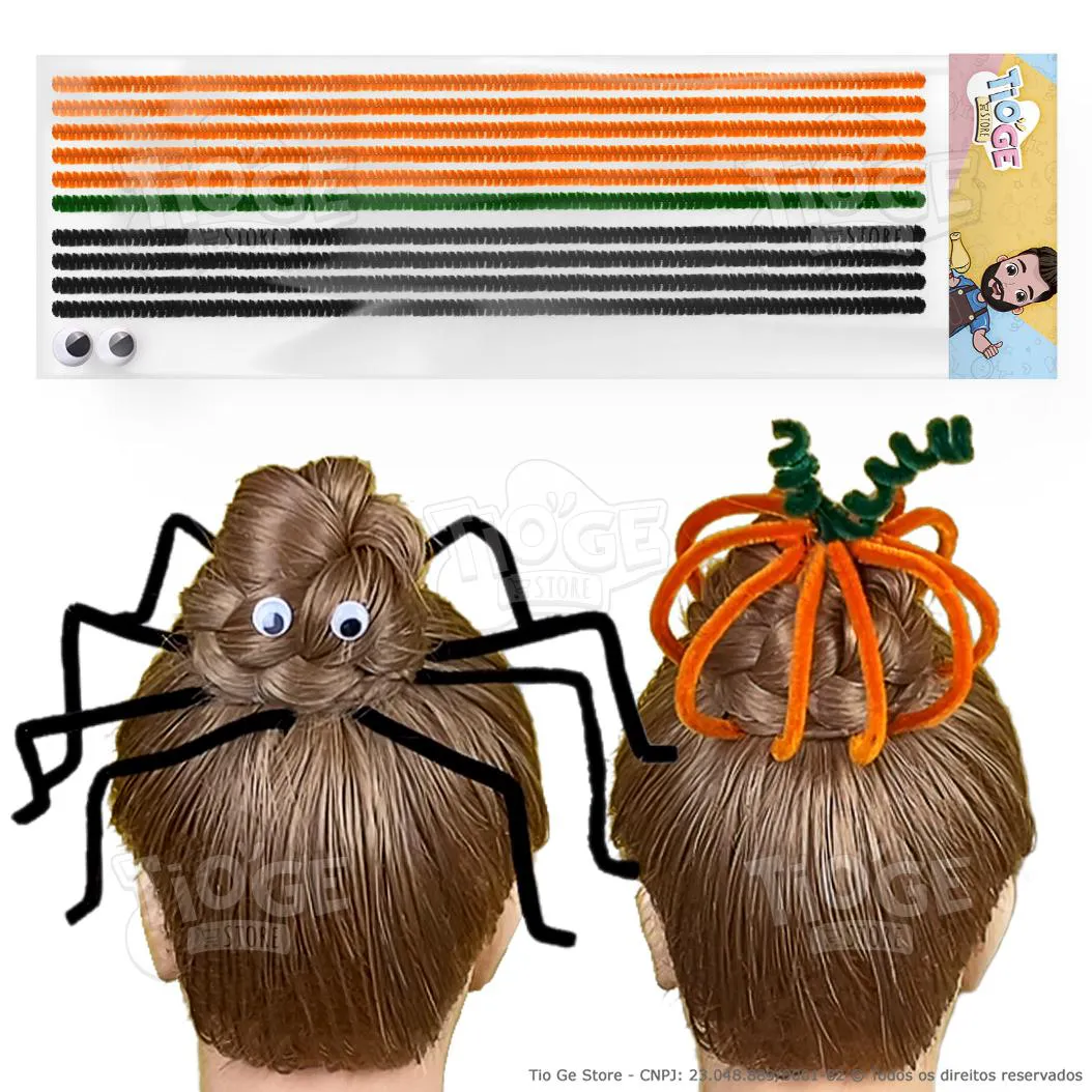 CABELO MALUCO HALLOWEEN ARANHA E ABóBORA 10 HASTES FLEXíVEIS DE PEIúCIA CHENILLE E 2 OLHOS MóVEIS AUTOADESIVO