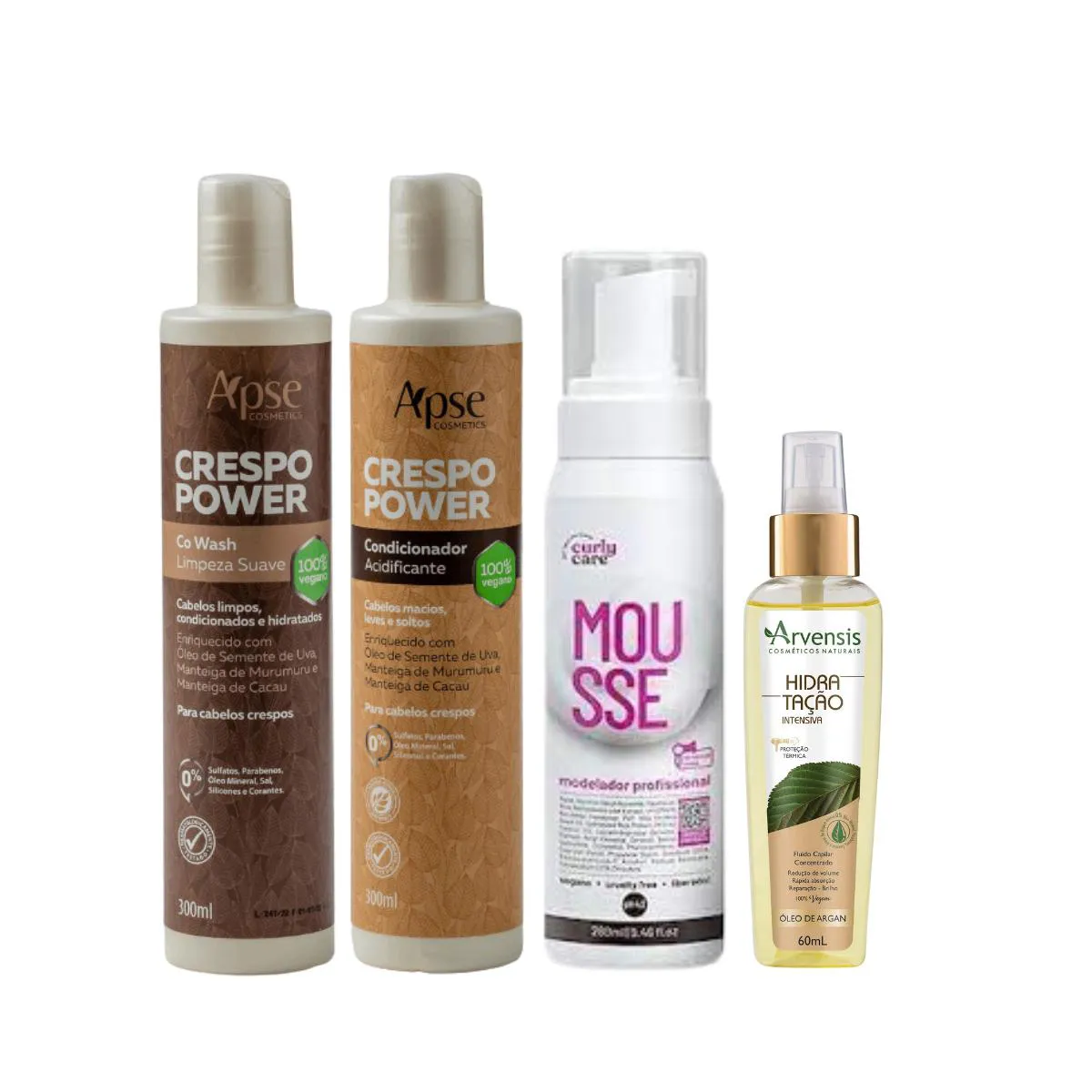 KIT CO-WASH E CONDICIONADOR CRESPO POWER, MOUSSE CURLY CARE E ÓLEO DE HIDRATAçãO ARVENSIS - ARVENSIS, APSE E CURLY CARE