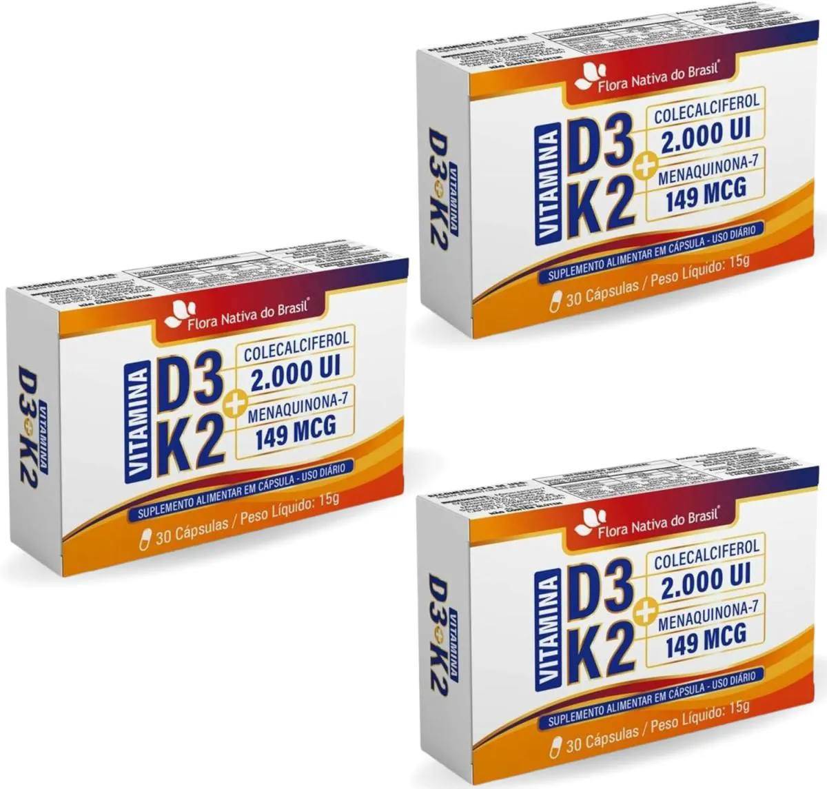 3X VITAMINAS D3 + K2 30CAPS (2000UI D3 E 149MCG K2) 500MG