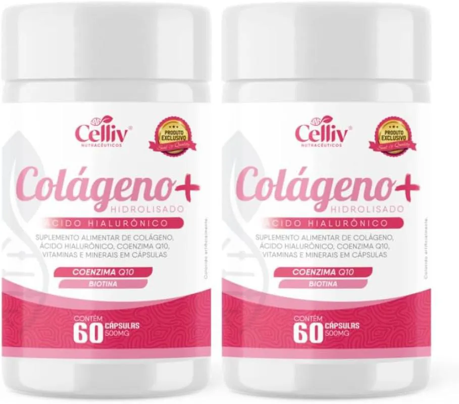 2X COLáGENO HIDROLISADO + ÁCIDO HIALURôNICO + COENZIMA Q10 + BIOTINA E VITAMS 60 CAPS CELLIV